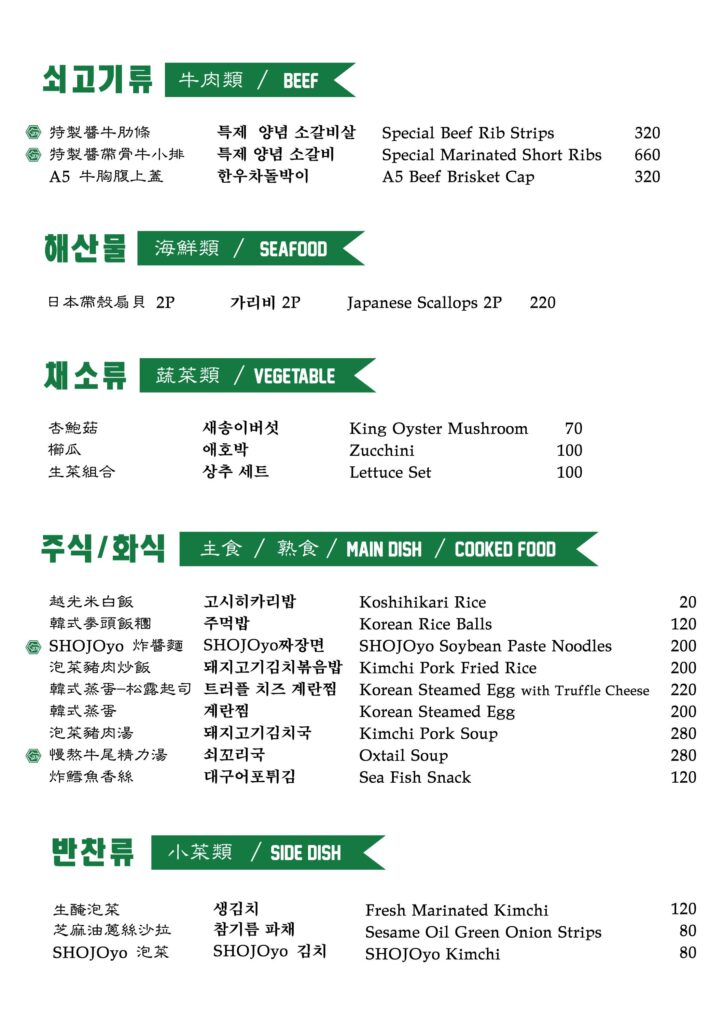菜單：牛肉類、海鮮類、蔬菜類、主食熟食、小菜